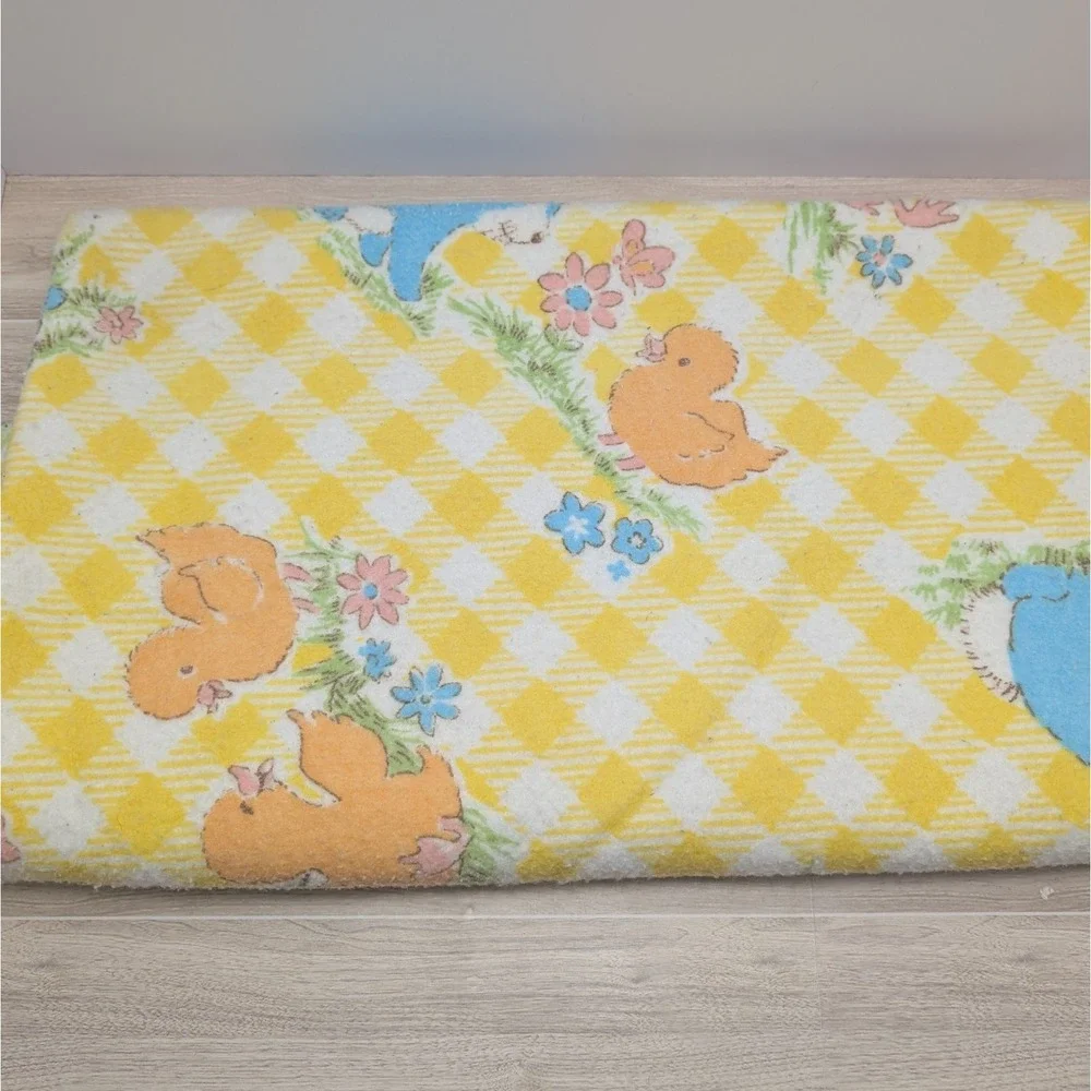 Vintage Wool Baby Blanket 43x40 Yellow Gingham Animals Nursery Quilt Fabric
